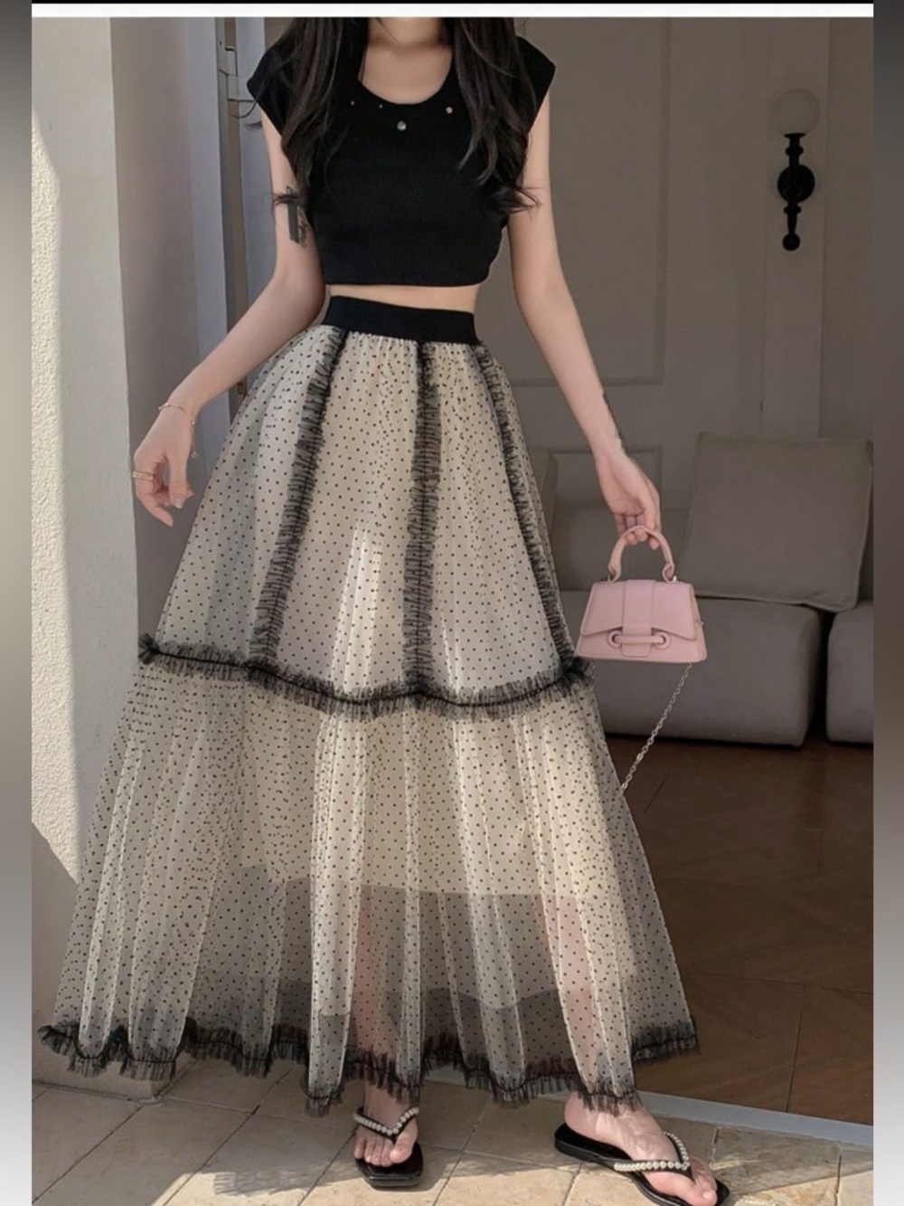 Sheer Polka Dot Tiered Maxi Skirt - Black and Cream